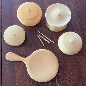 Antique Ivory Celluloid Vanity Set. 4 containers w lids, 1 hand mirror & 3 hooks